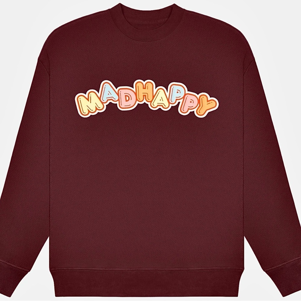 NWT MadHappy Crush Universal Crewneck in Maroon Dark Red Candy Block Letters